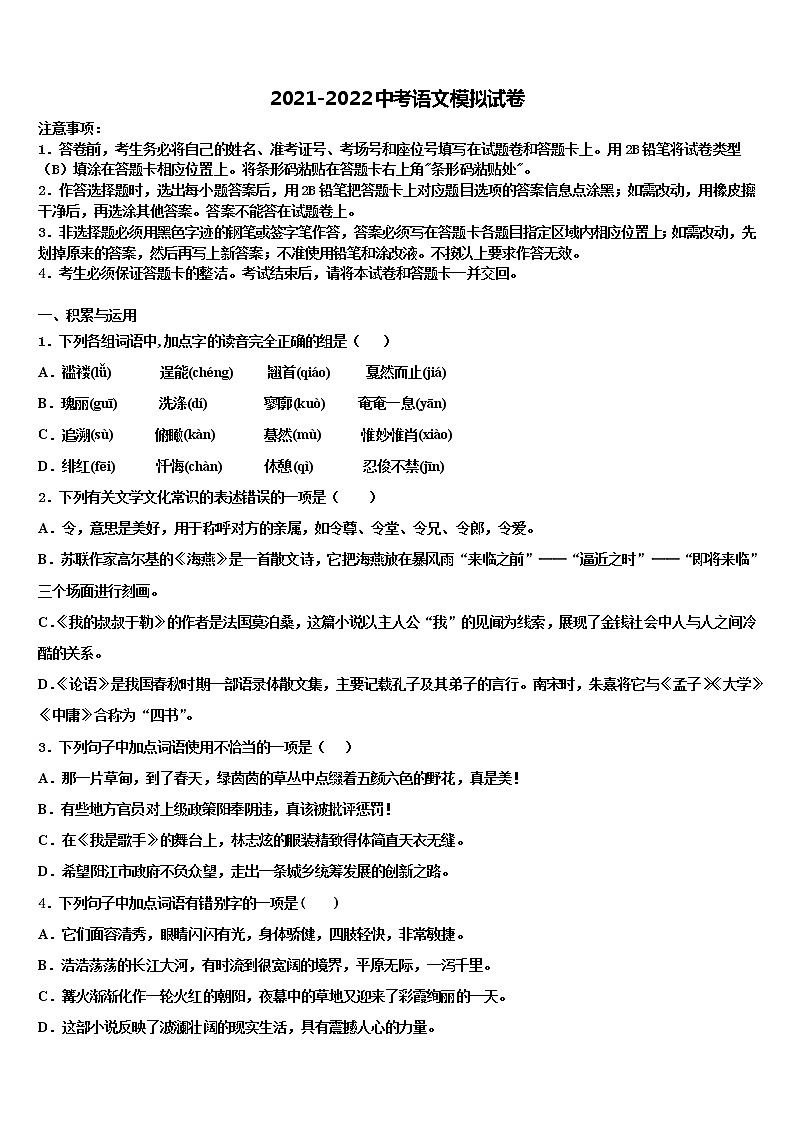 四川省遂宁市广德初级中学2021-2022学年中考语文模拟试题含解析01