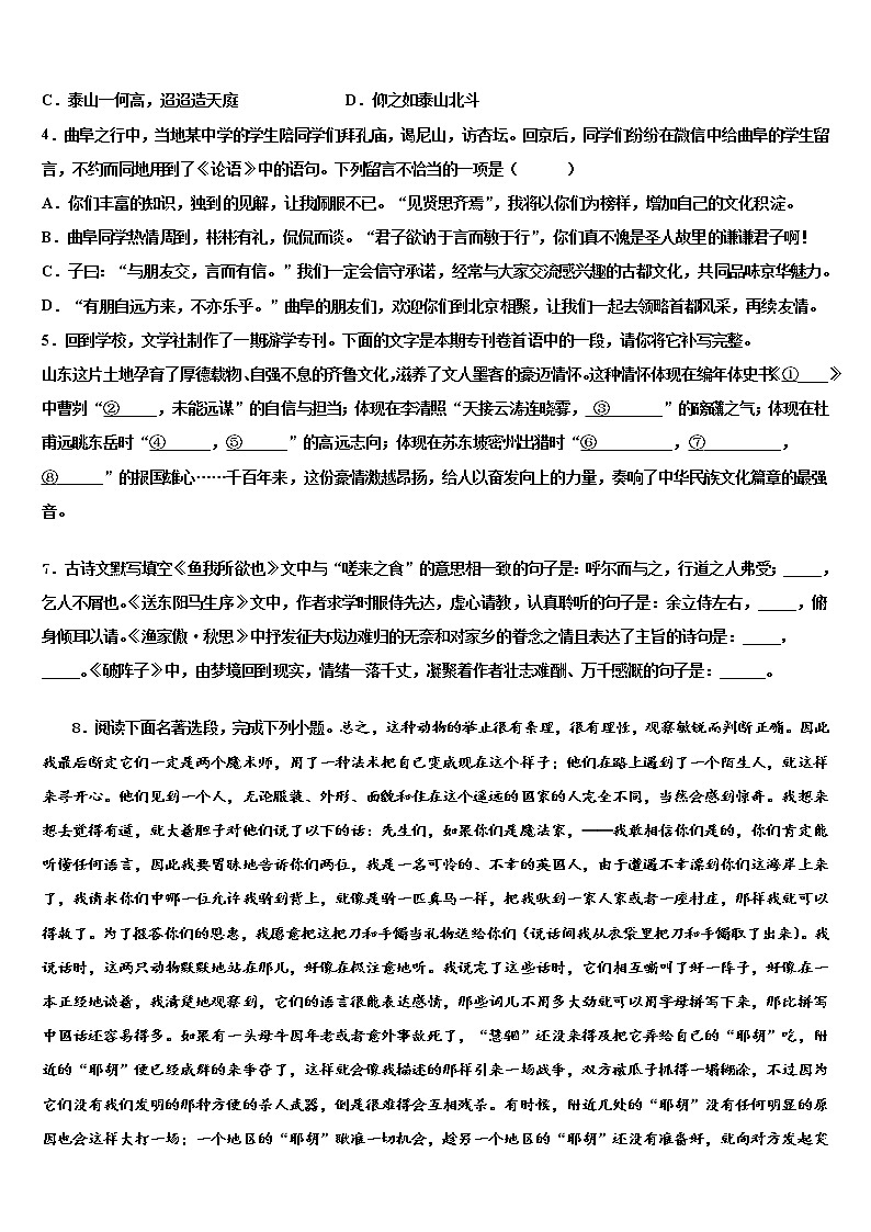 山东省菏泽市单县2021-2022学年中考语文对点突破模拟试卷含解析03