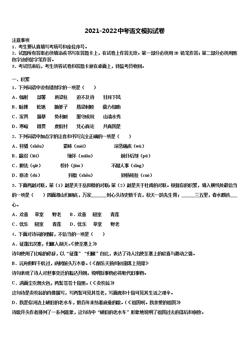 南充市重点中学2022年十校联考最后语文试题含解析01