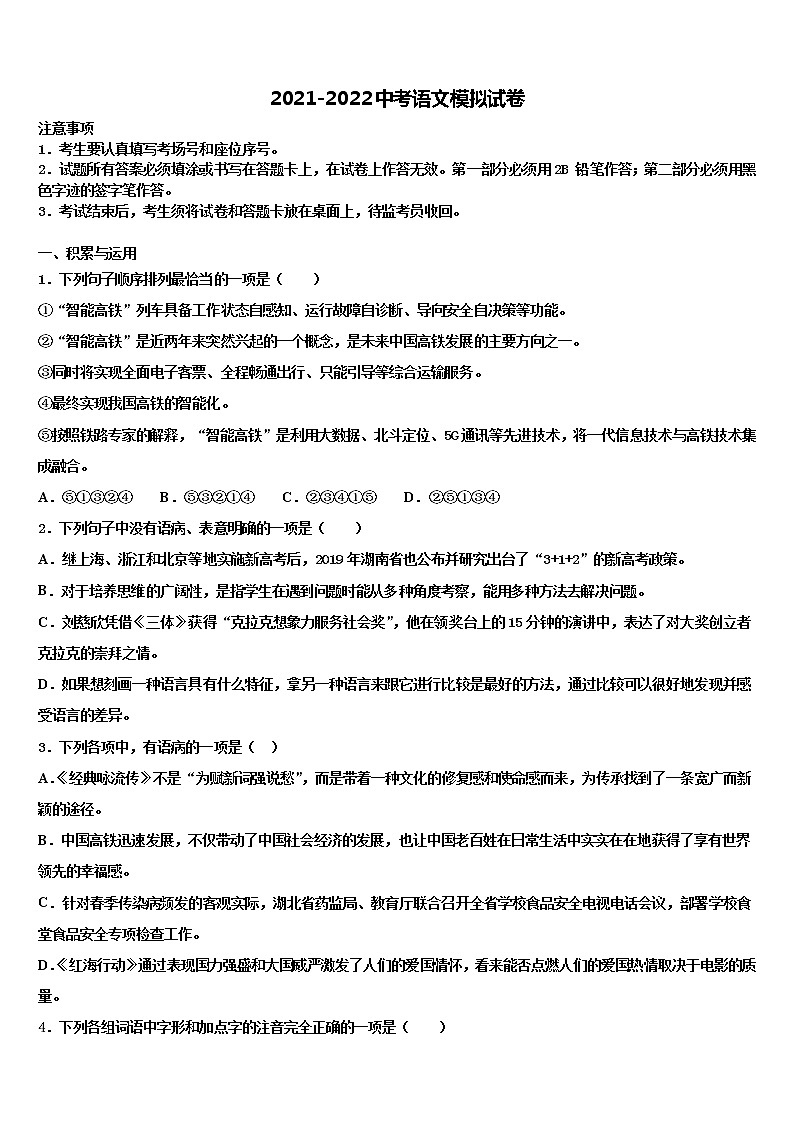 宜宾市2021-2022学年中考语文考试模拟冲刺卷含解析01