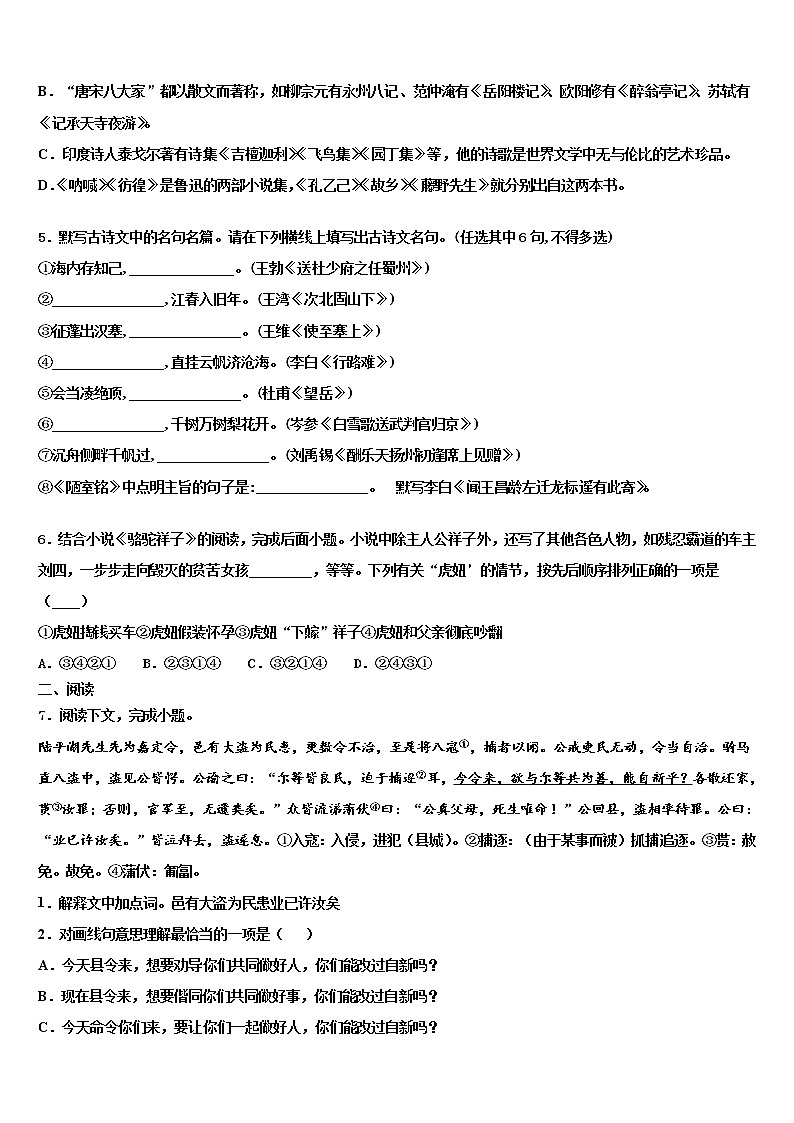 新疆维吾尔自治区阿克苏地区沙雅县2022年中考语文考试模拟冲刺卷含解析02