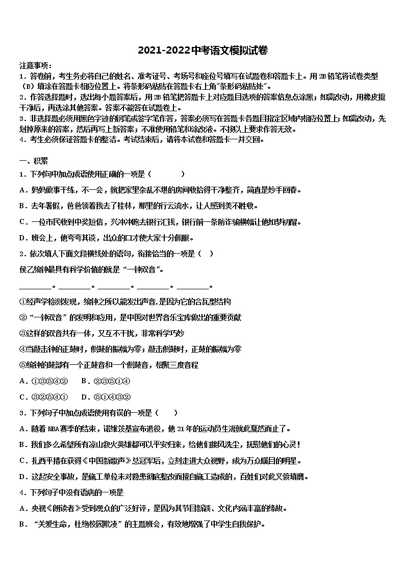 四川省巴中学市恩阳区茶坝中学2021-2022学年中考语文全真模拟试卷含解析01