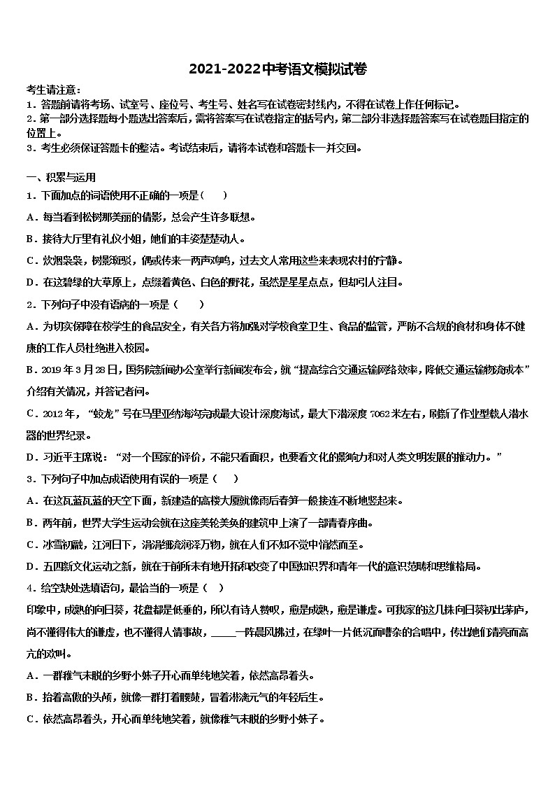 浙江省杭州市经济开发区重点中学2022年中考语文考试模拟冲刺卷含解析01