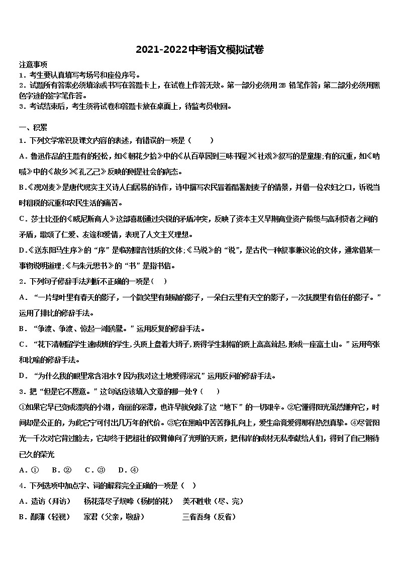 浙江省杭州上城区七校联考2022年十校联考最后语文试题含解析01