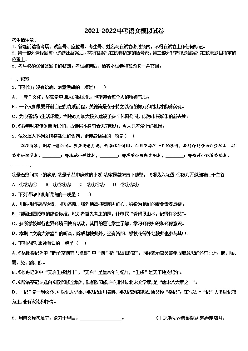 浙江省嘉兴市桐乡2022年中考语文模拟试题含解析01