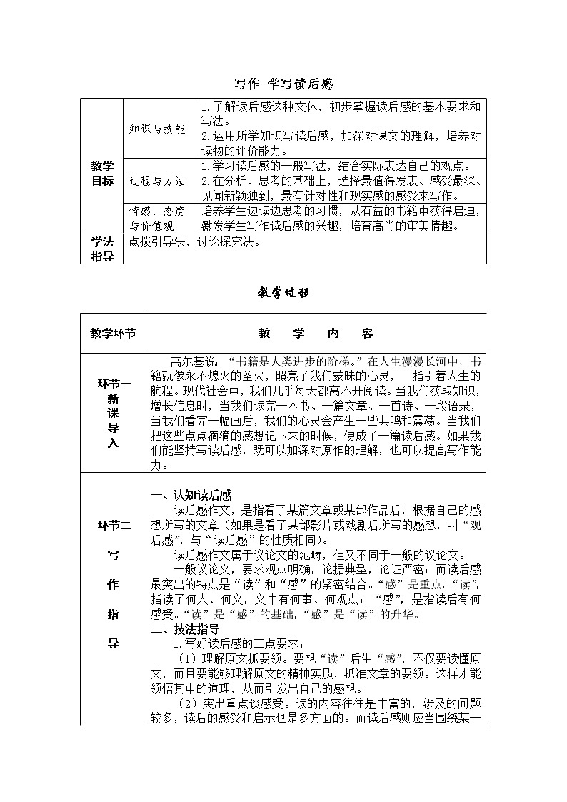 2021-2022学年八年级语文下册人教版导学案：写作 学写读后感01