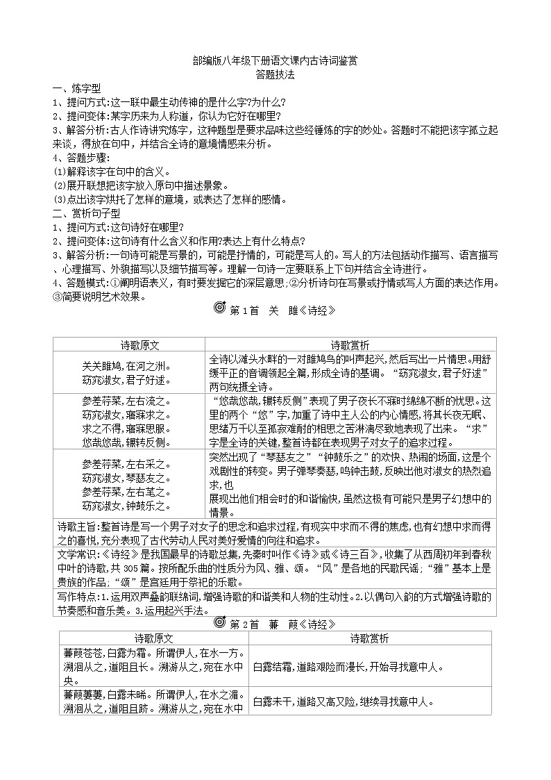 课内外古诗词鉴赏答题技巧2021—2022学年部编版语文八年级下册教案第1页
