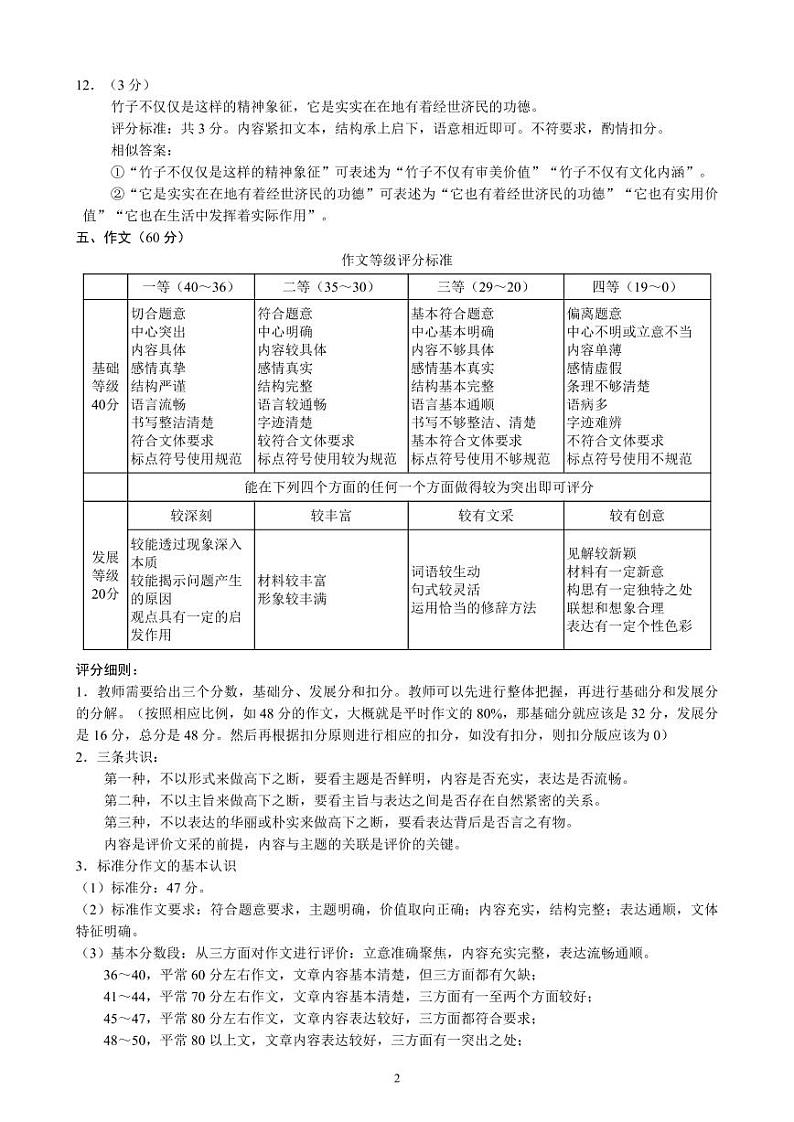 2019级初三第二次诊断性测试语文参考答案及评分标准第2页