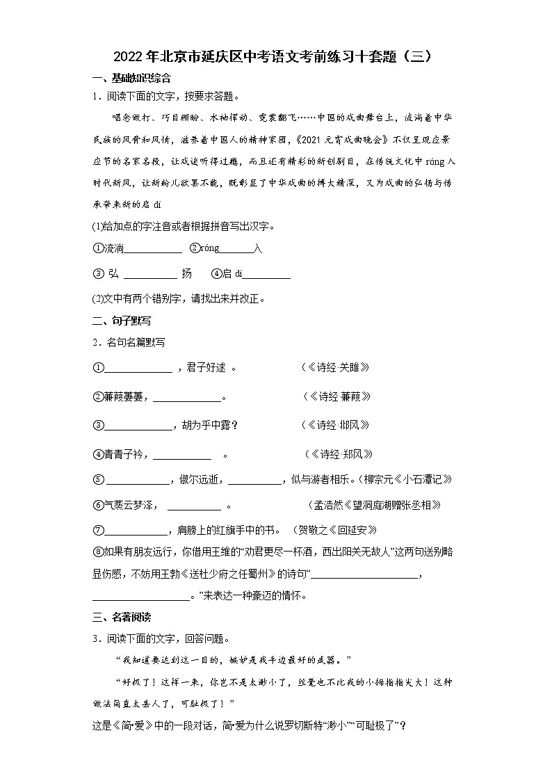 2022年北京市延庆区中考语文考前练习十套题（三）第1页
