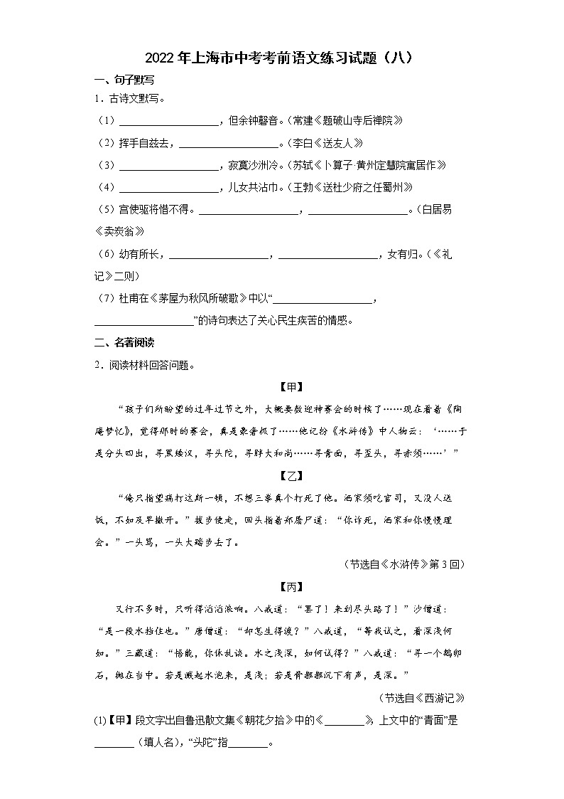 2022年上海市中考考前语文练习试题（八）01