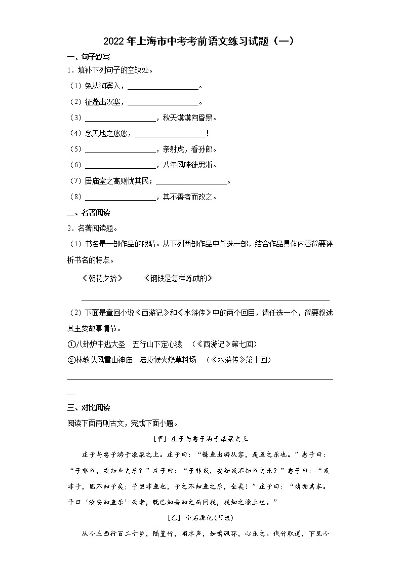 2022年上海市中考考前语文练习试题（一）01