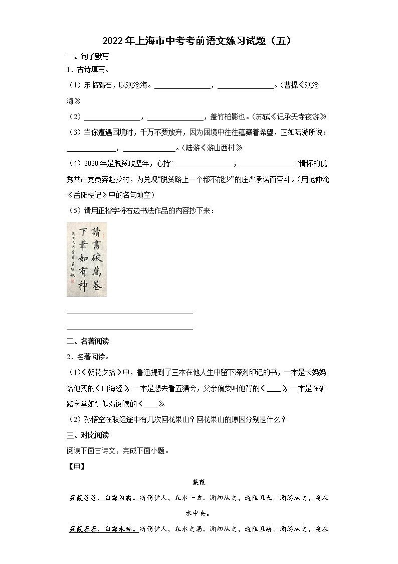 2022年上海市中考考前语文练习试题（五）01