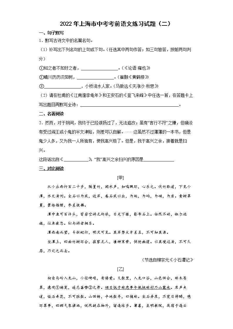 2022年上海市中考考前语文练习试题（二）01