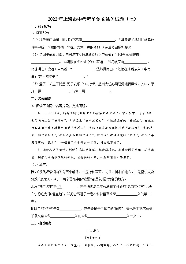 2022年上海市中考考前语文练习试题（七）01