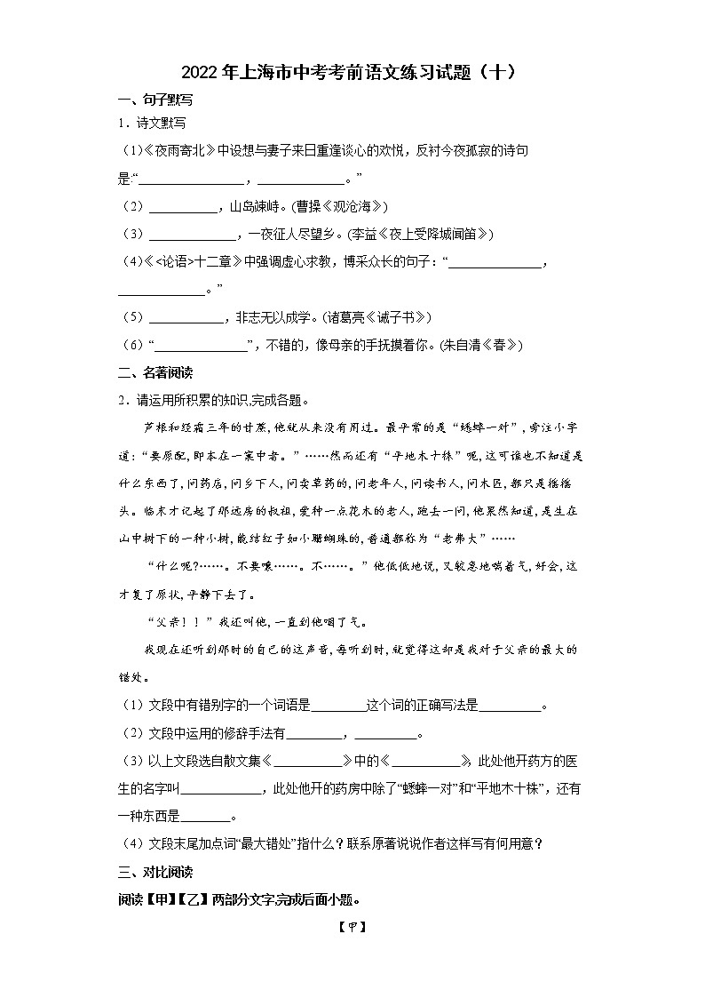2022年上海市中考考前语文练习试题（十）01