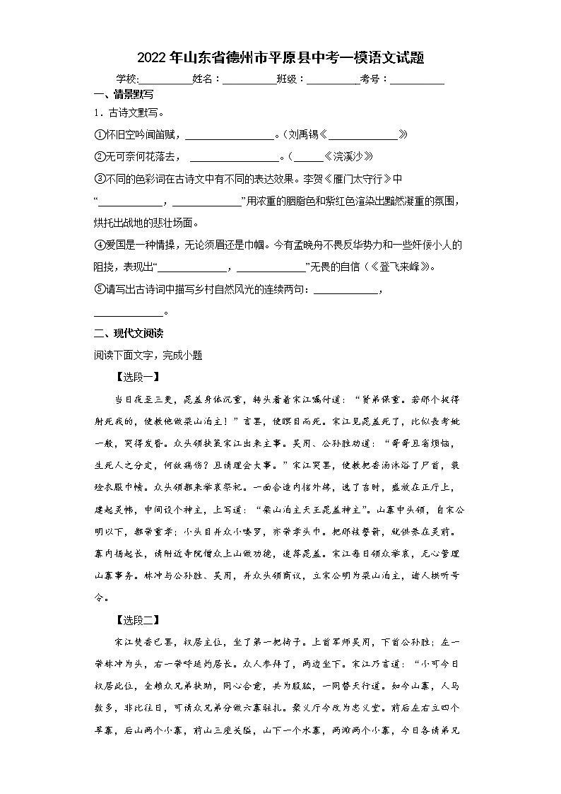 2022年山东省德州市平原县中考一模语文试题(word版含答案)01
