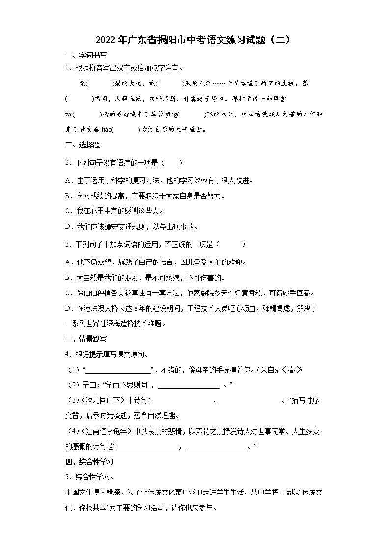 2022年广东省揭阳市中考语文练习试题（二）01