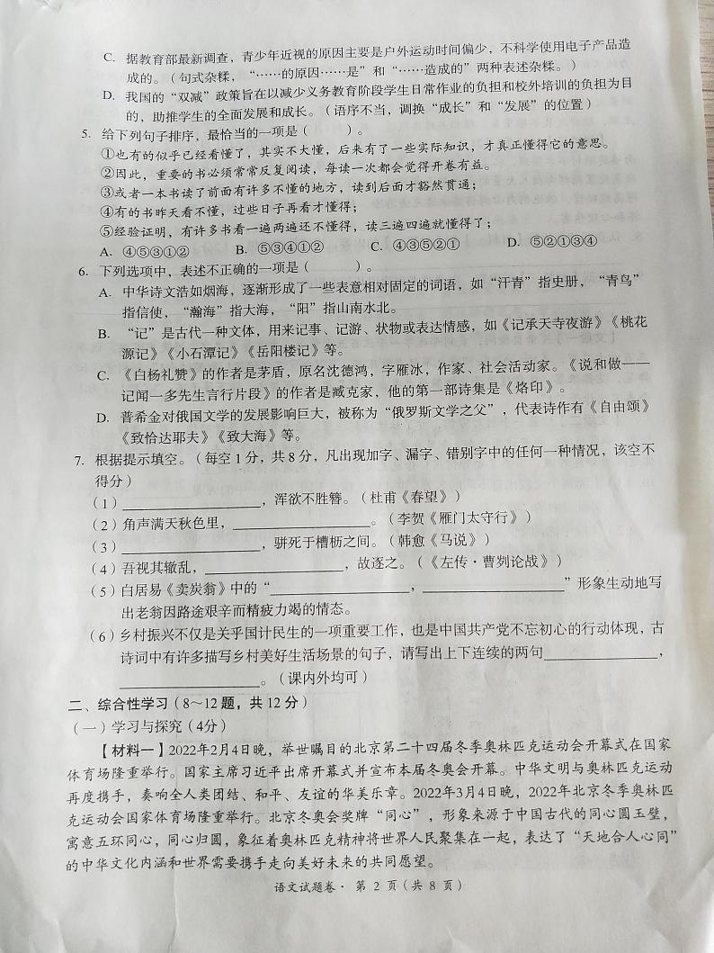2022年云南省玉溪市初中学业水平考试模拟检测语文试题（无答案）02