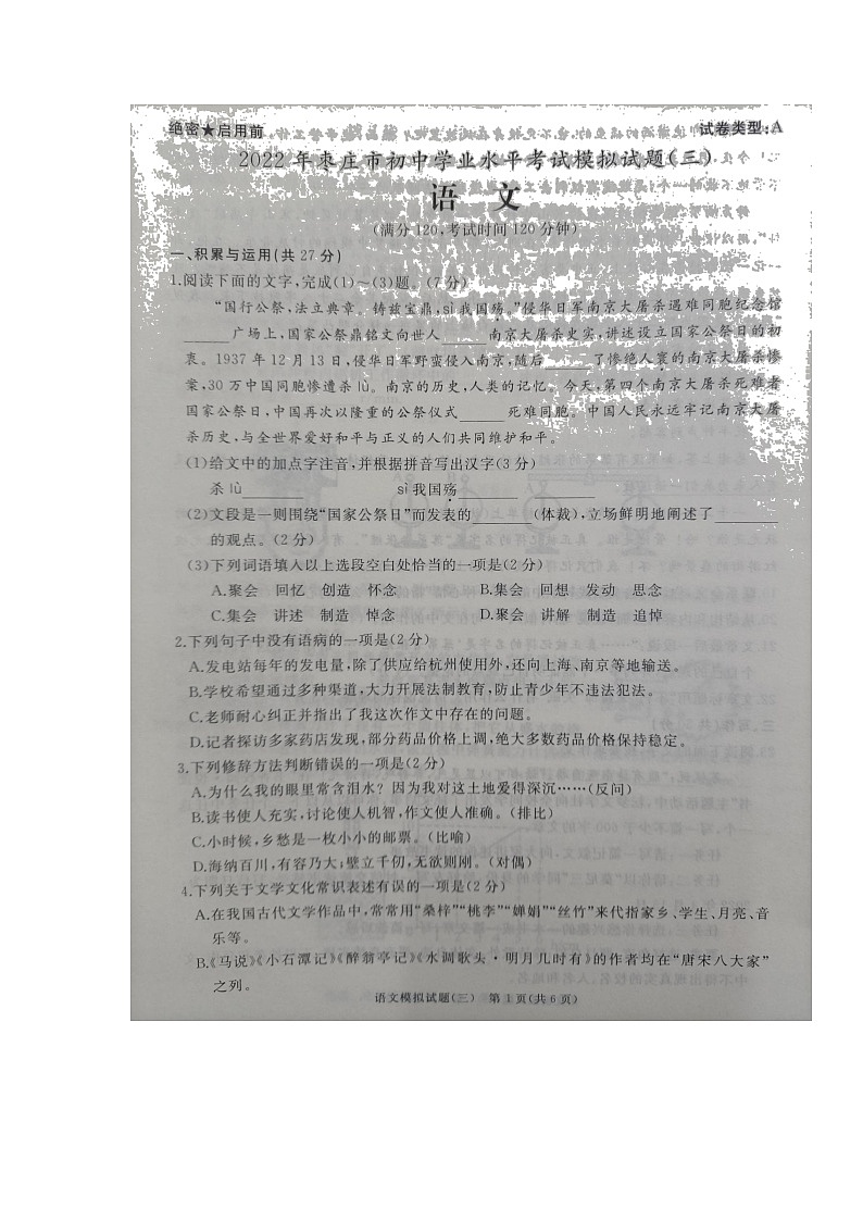 2022年山东省枣庄市中考模拟语文试题（三）第1页