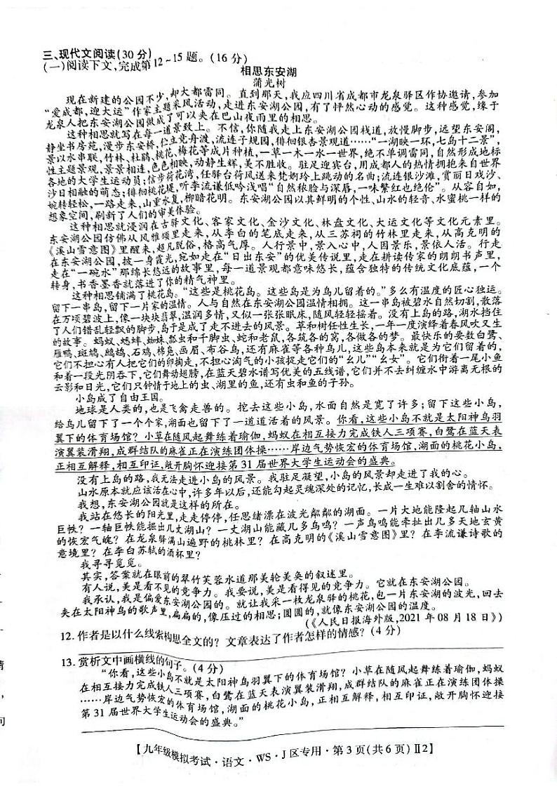 2022年江西省吉安市遂川县九年级初中学业水平模拟考语文试题第3页