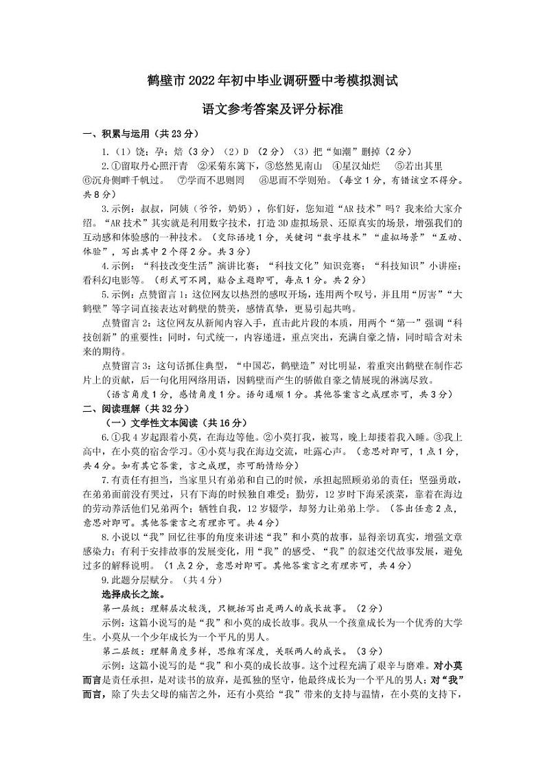 2022年河南省鹤壁市中考模拟测试语文试题（有答案）01