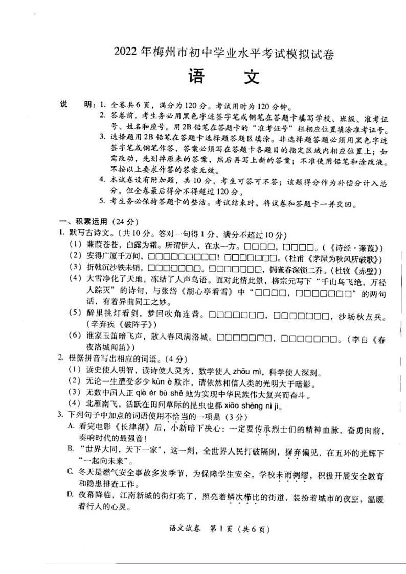 2022年广东省梅州市初中学业水平考试模拟试卷（市质检）语文试题（有答案）01