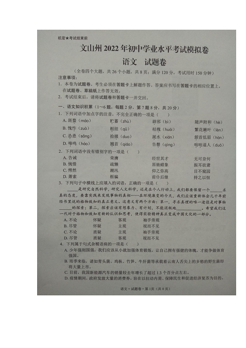 文山州2022年初中学业水平考试模拟试卷（语文）第1页