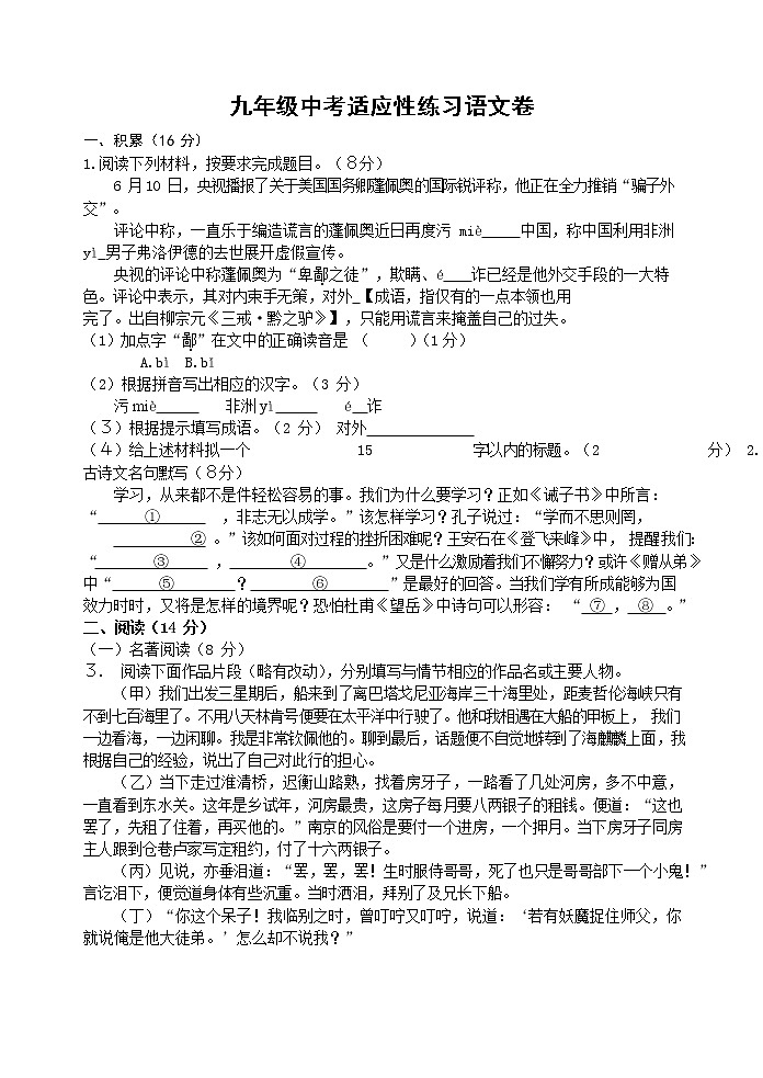 2022年辽宁省沈阳市中考适应性练习语文卷1(word版含答案)第1页