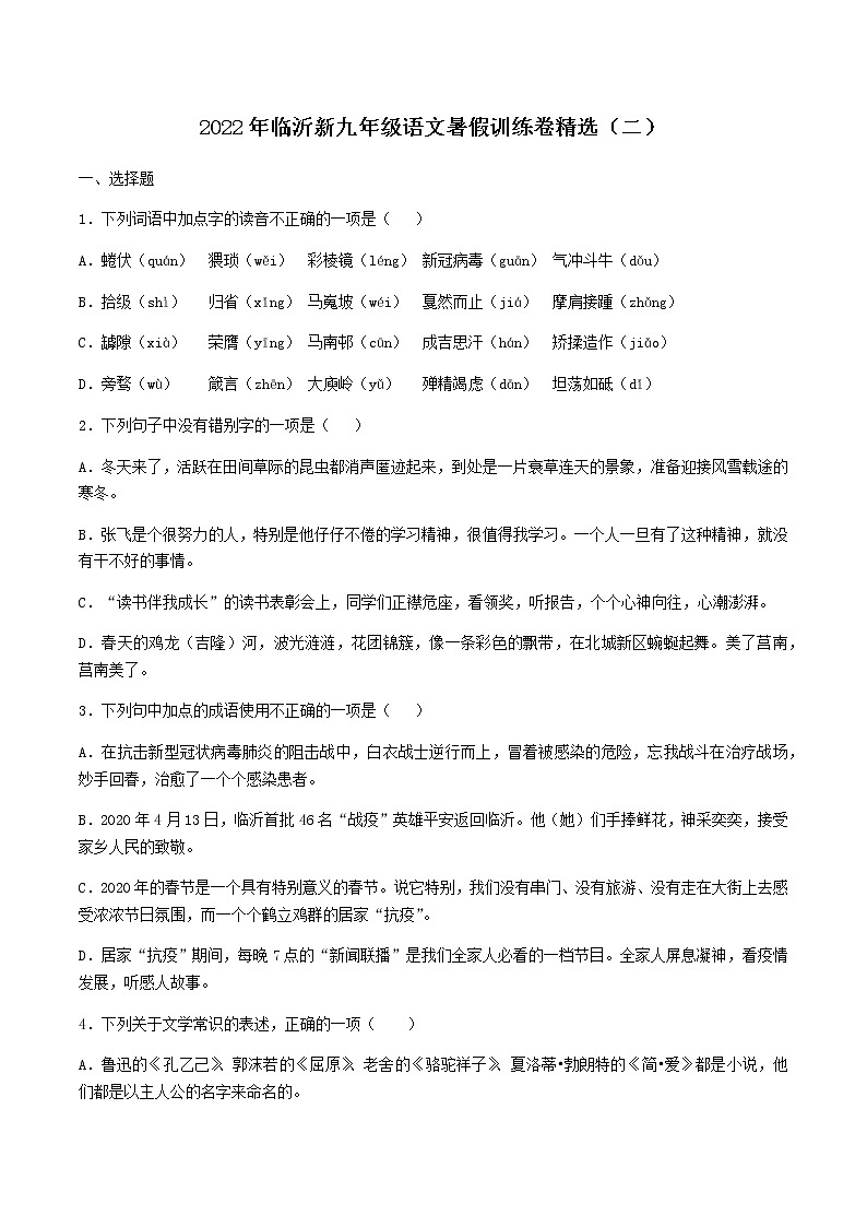 山东省临沂2022年新新九年级语文暑假训练卷精选（二）（含答案）第1页