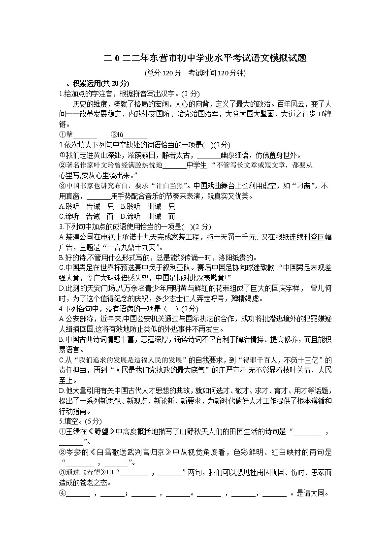 2022年山东省东营市初中学业水平考试语文模拟试题(word版含答案)01