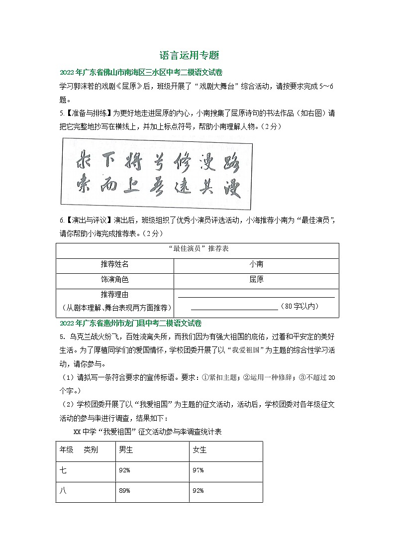广东省各地2022年中考语文模拟试卷精选汇编：语言运用专题第1页