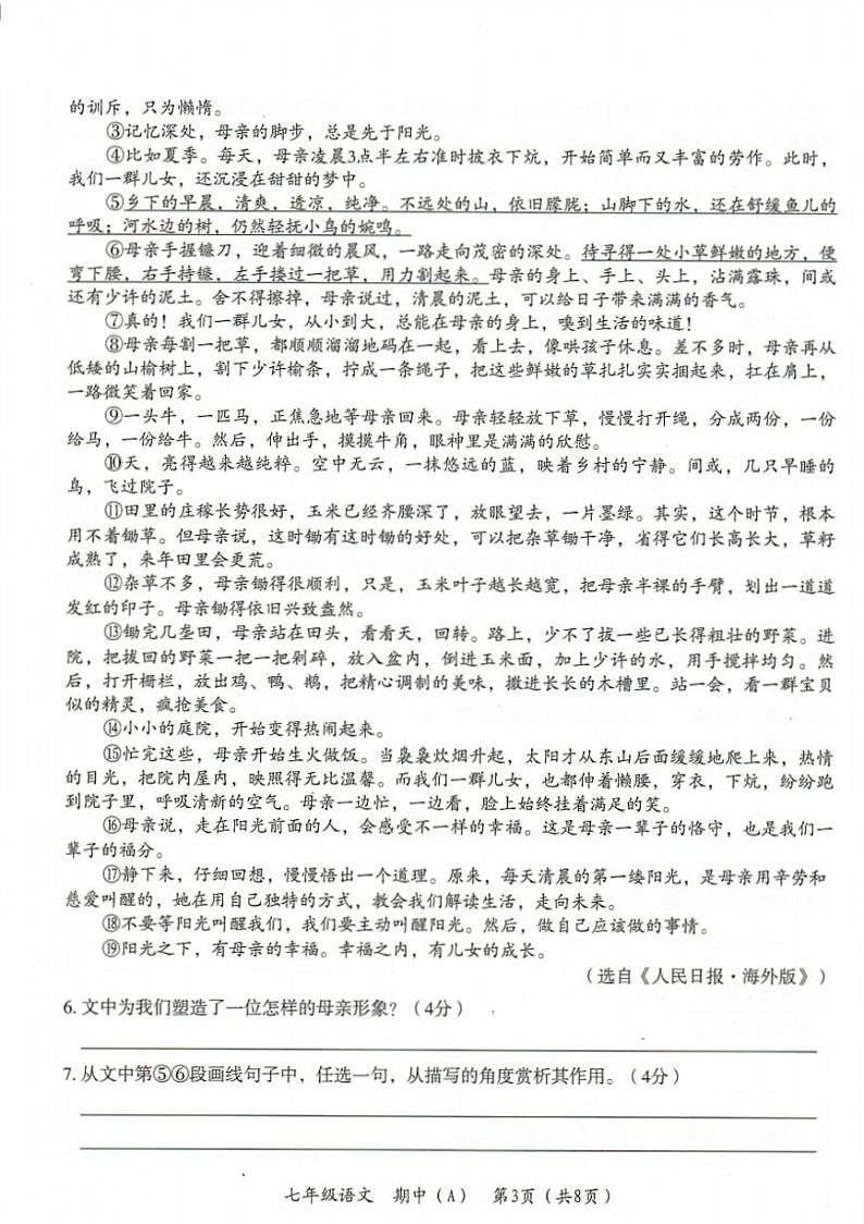 2022年河南省濮阳市清丰县七年级第二学期期中教学质量检测 语文（A）（有答案）03