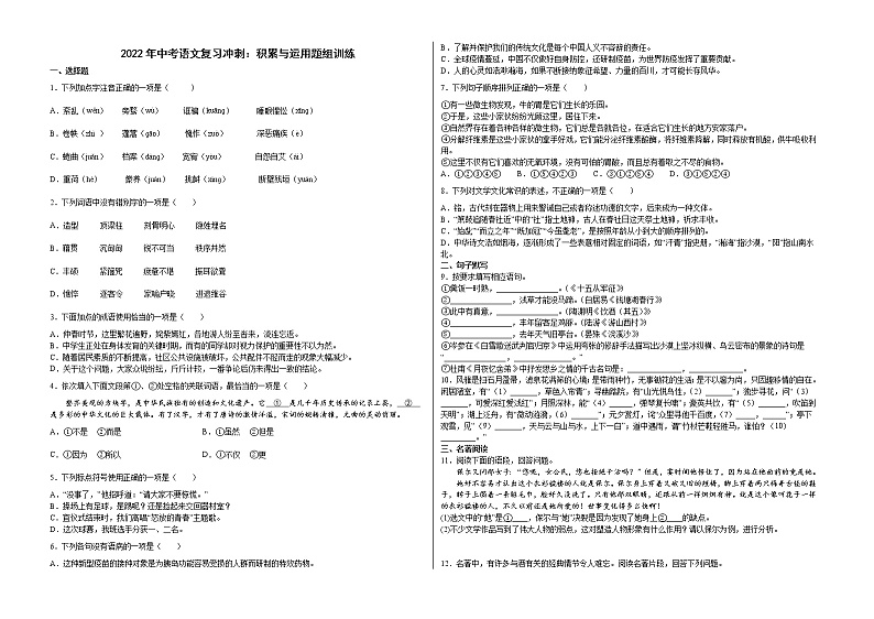 2022年中考语文复习冲刺：积累与运用题组训练（含答案）第1页