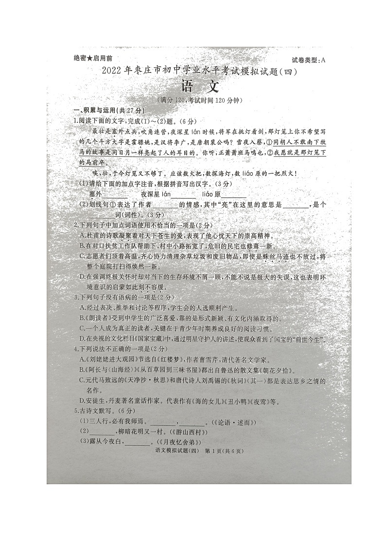 2022年山东省枣庄市中考模拟语文试题（四）（含答案）01