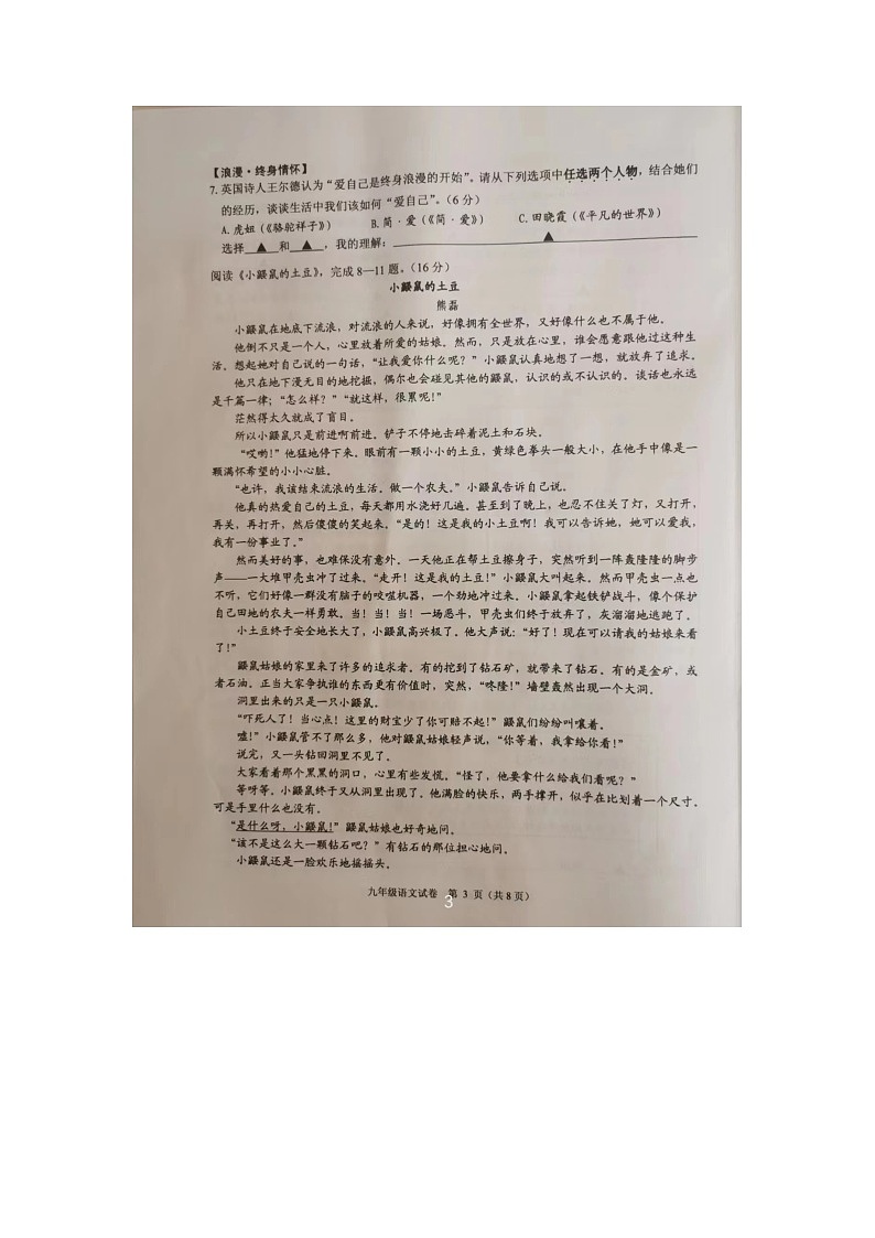2022年诸暨市初中毕业班适应性考试语文（试卷）第3页