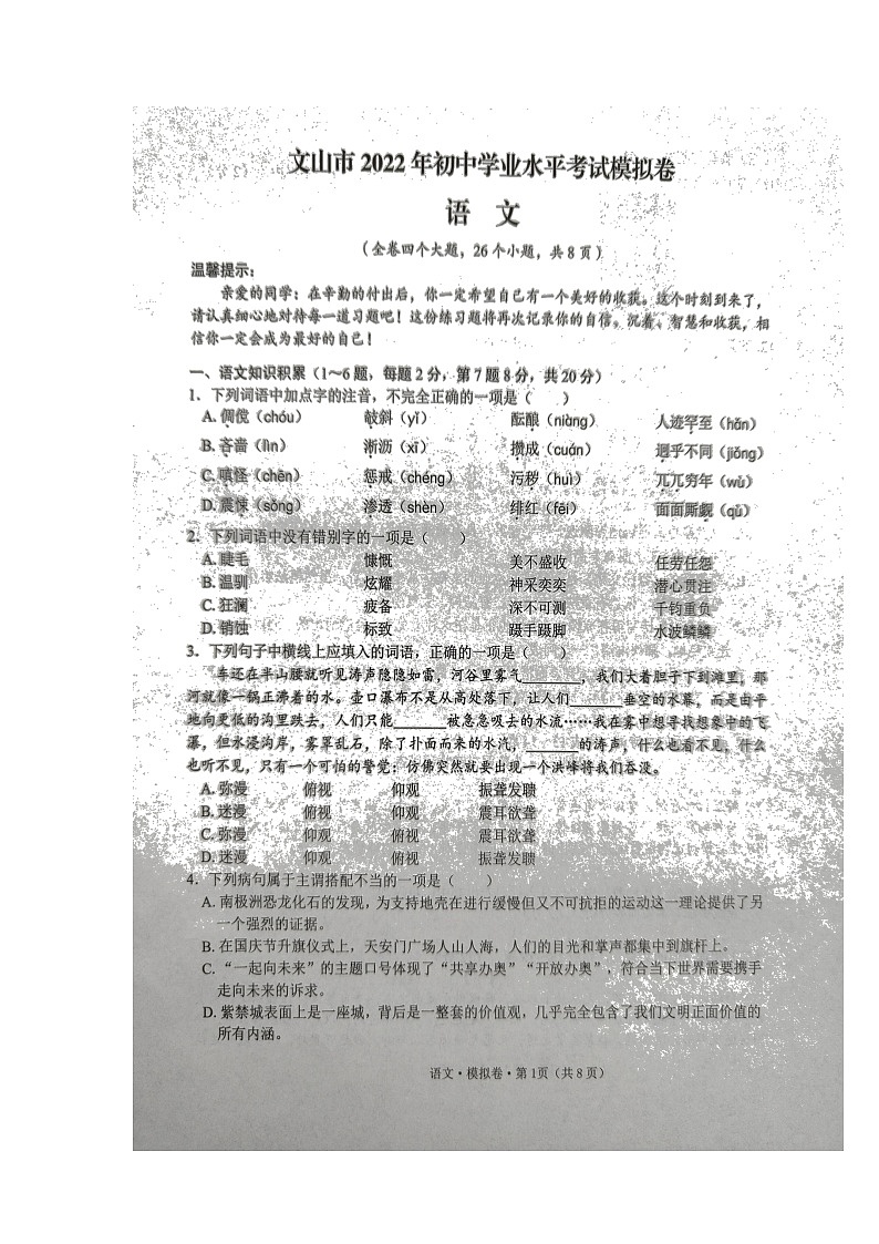 2022年云南省文山州文山市初中学业水平考试模拟语文试题（含答案）01