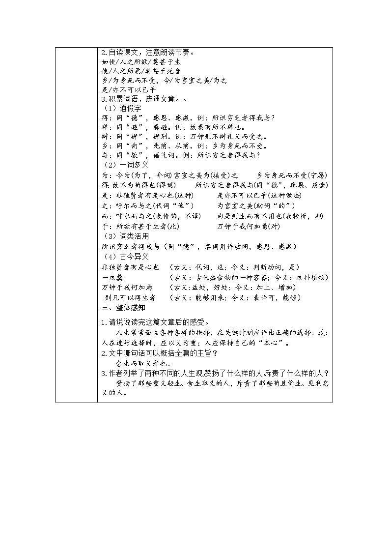 9.鱼我所欲也（表格式教案）02