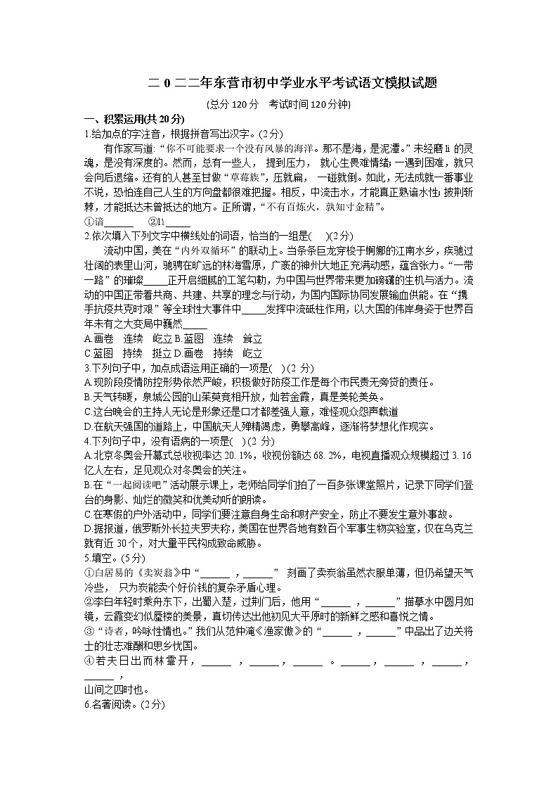 2022年山东省东营市初中学业水平考试语文模拟试题(word版含答案)01