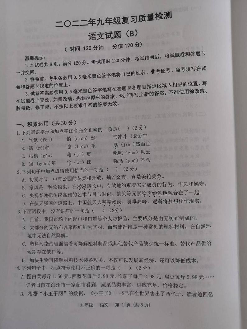 2022年山东省滨州市滨城区中考二模语文试题（含答案）01