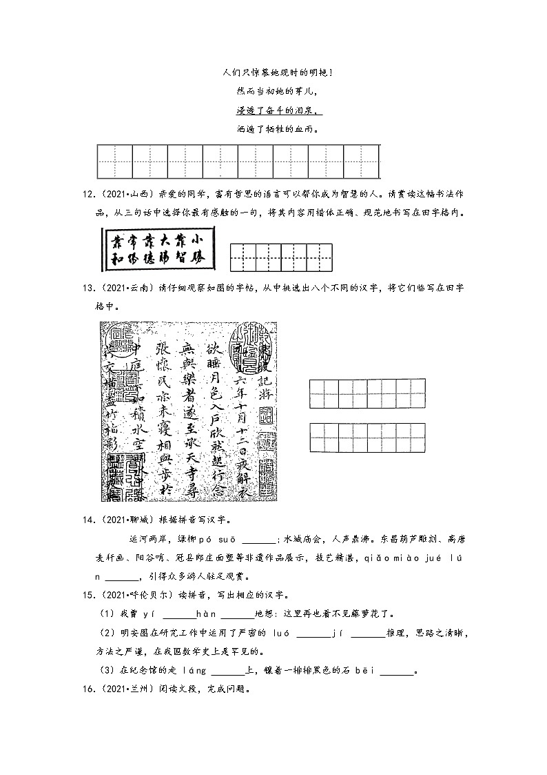 2021年中考语文真题分类汇编：字音、字形-汉子临摹、根据拼音写字词第3页