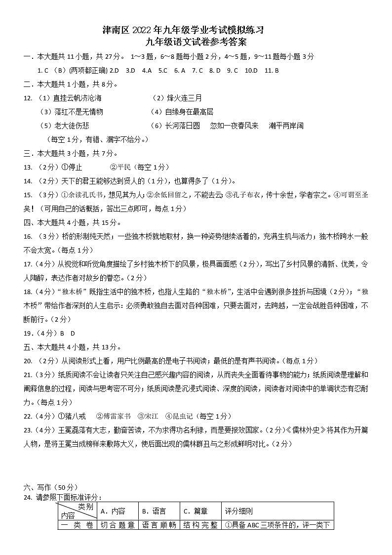 2022年天津市津南区初中毕业生学业考试模拟考试语文试题（有答案）01
