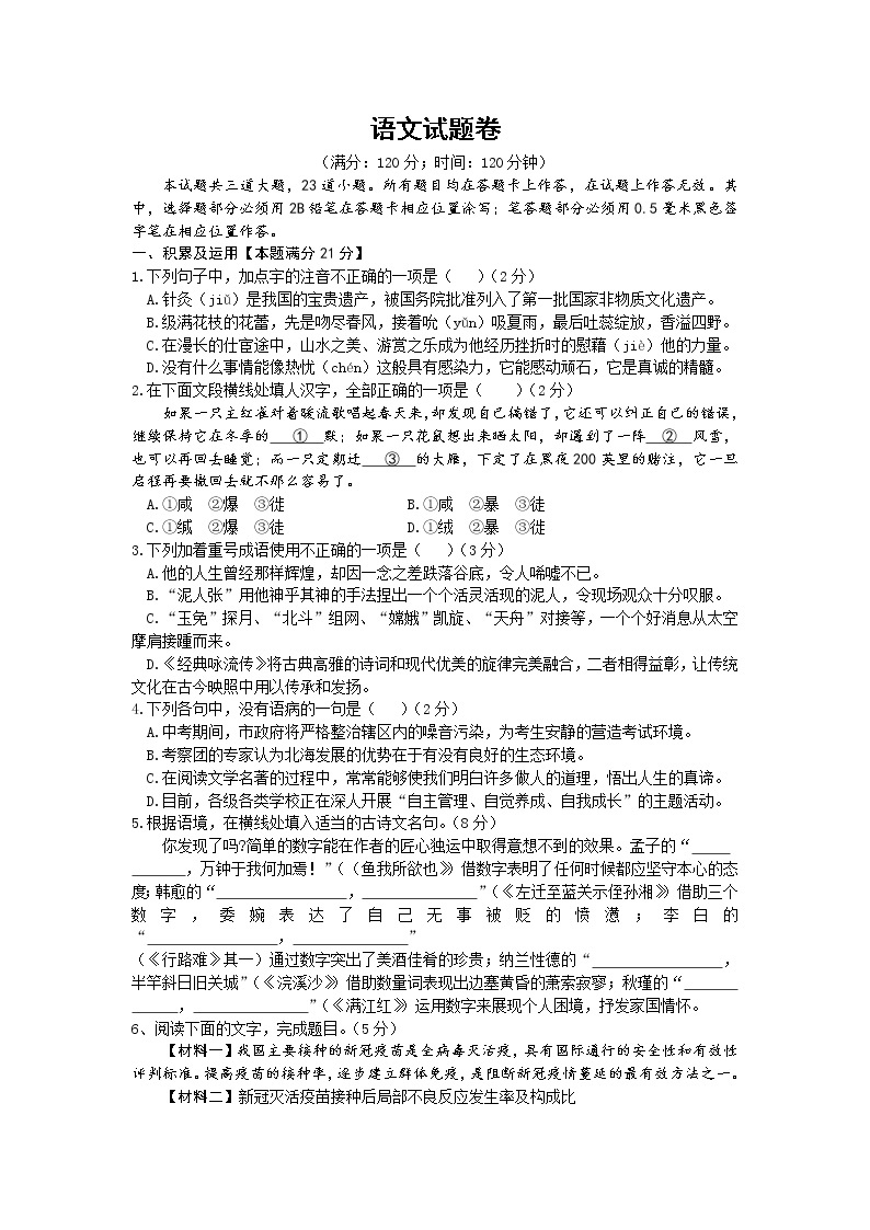 2022年山东省青岛胶州瑞华实验初级中学中考二模语文试题（含答案）01
