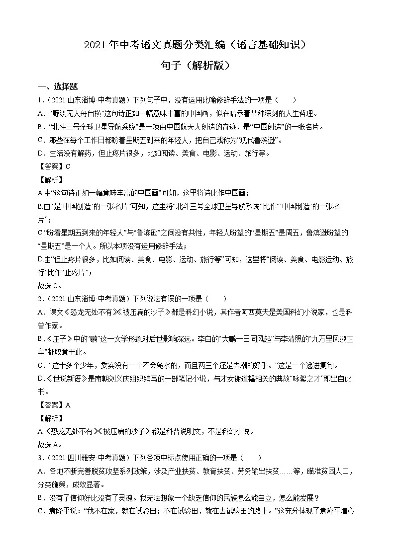 2021年中考语文真题分类汇编（语言基础知识）-句子（解析版）第1页