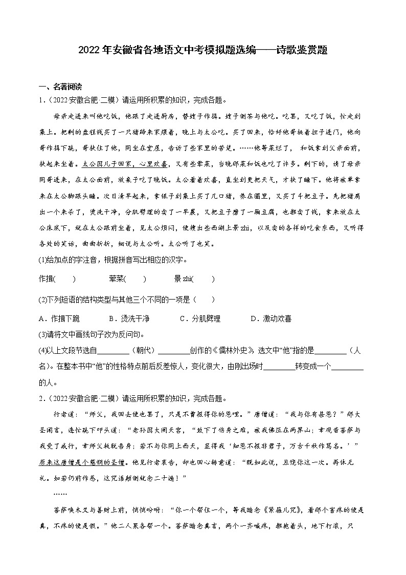 2022年安徽省各地语文中考模拟题分类汇编：诗歌鉴赏题第1页