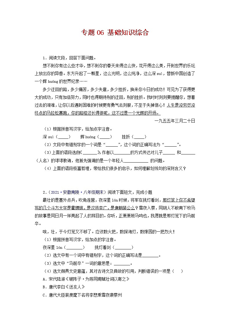 专题06：基础综合-2021-2022学年八年级语文下学期期末复习专题训练（原卷版）01