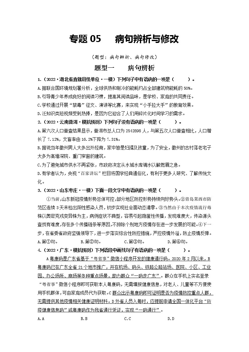 专题05   病句辨析与修改（原卷版）第1页