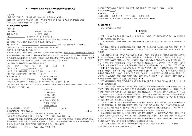 2022年中考安徽省宣州区初中毕业学业考试模拟试卷语文试卷一01
