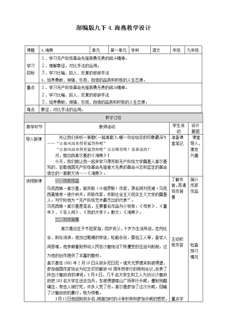 初中部编版九年级下册《海燕》语文教案01