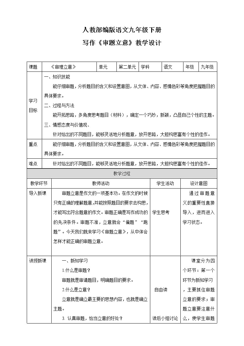 初中语文九年级下册第二单元写作《审题立意》语文教学设计第1页