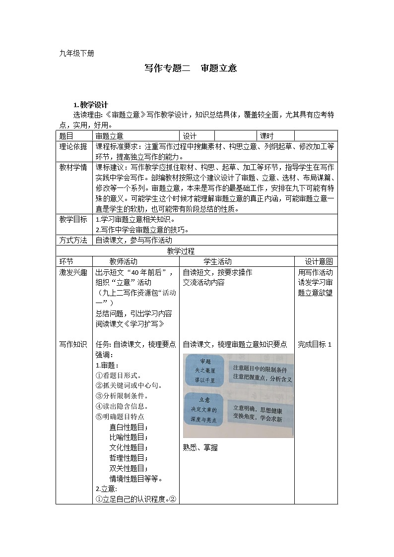 初中九年级下册《写作：审题立意》优秀语文教案第1页